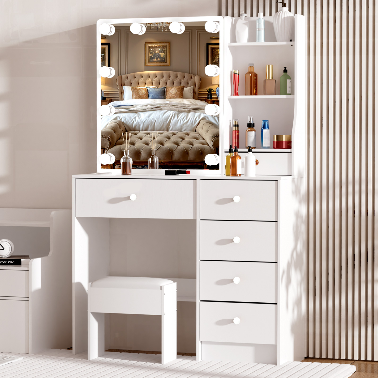 현대적인 화이트 화장대 세트, LED 조명 거울, 6개 - Office Furniture Reborn 리뷰 및 가격